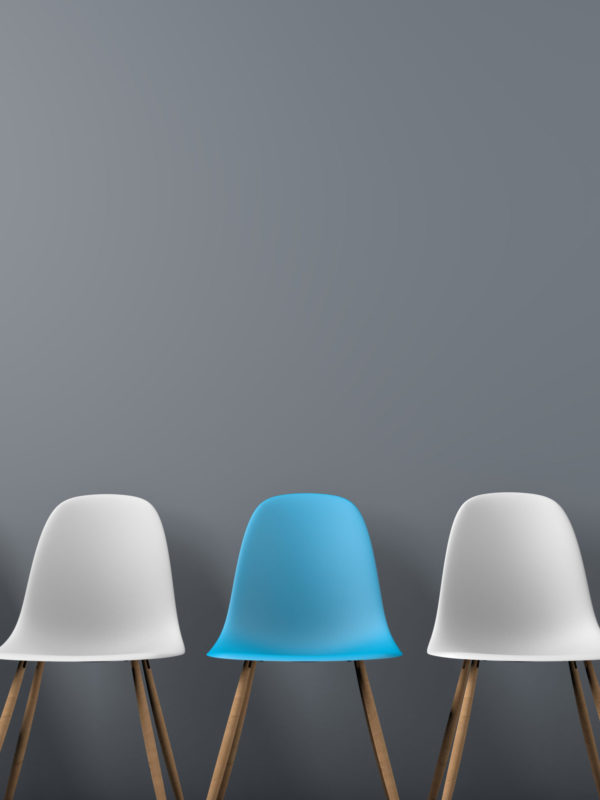 Row of chairs with one odd one out. Job opportunity. Business leadership. recruitment concept. 3D rendering