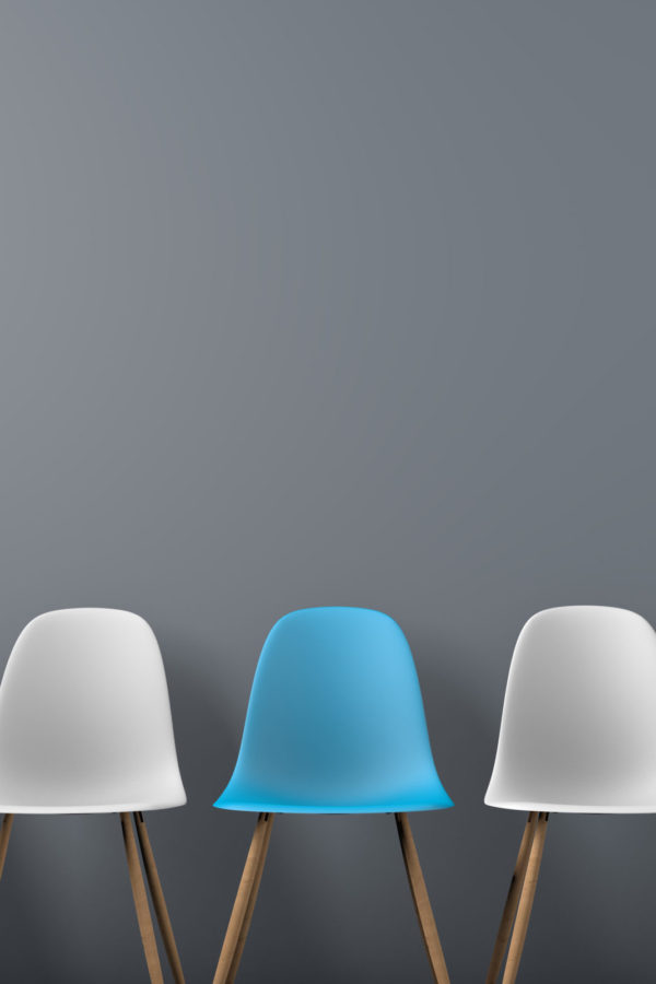 Row of chairs with one odd one out. Job opportunity. Business leadership. recruitment concept. 3D rendering